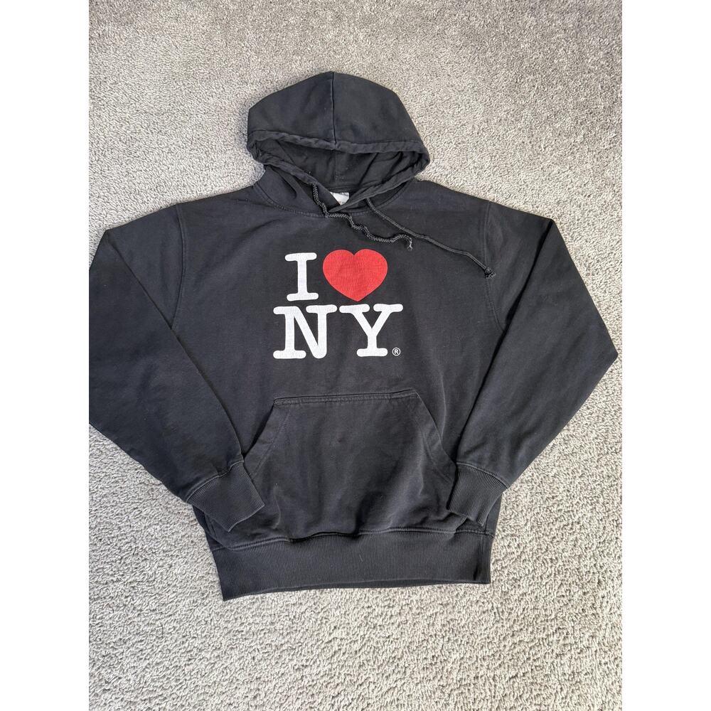 I Love NY Hoodie Mens S Black Pullover Hooded Pockets Graphic Fleece NYC